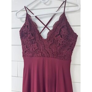 Lace Maxi Dress Women Small Wine Red Chiffon Formal Gown Lulus Crossback